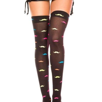 NEW sexy MUSIC LEGS sheer neon MUSTACHE print THIGH hi HIGHS stockings PANTYHOSE